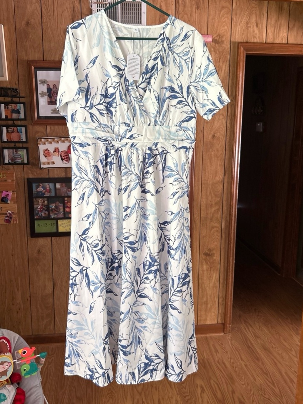 SHEIN White Midi Dress with Blue Leaf Print
